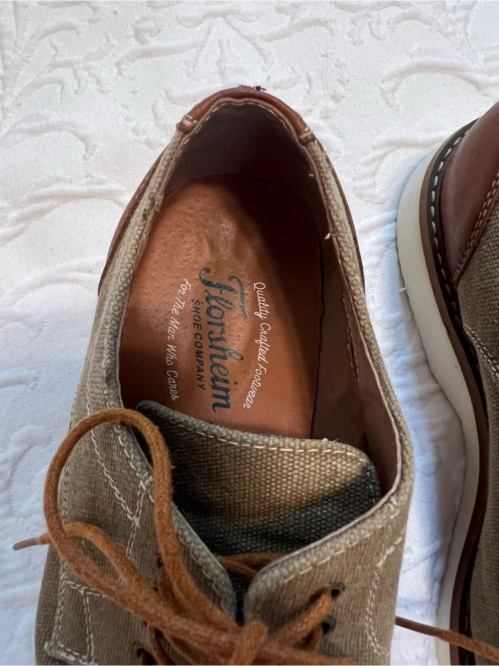 Florsheim Union Plain Toe Khaki Canvas Oxford Shoe with Leather Accents size 9.5